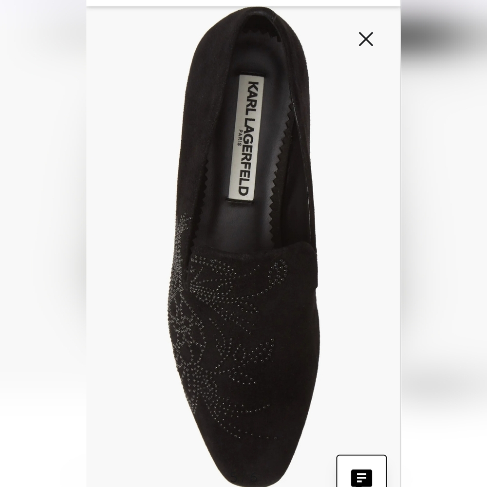 Karl Lagerfeld Black Suede Loafer Studded Floral Detail Minimilist Preppy Chic‎